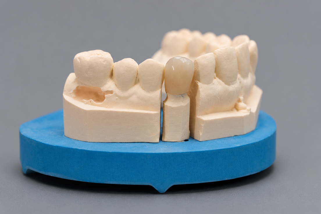 Modello con corona dentale in ceramica